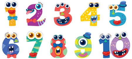 Colorful numbers with monster faces in a whimsical vector style. Bright colors and playful expressions enhance the fun themeのイラスト素材