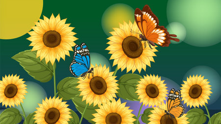 Bright vector illustration of butterflies fluttering around sunflowers. Rich colors and detailed composition create a lively, natural sceneのイラスト素材