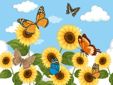 Vibrant butterflies flutter around sunflowers under a clear blue sky with fluffy clouds. Vector illustration with vivid colors and detailed compositionのイラスト素材