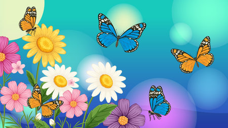 Colorful butterflies flutter among bright flowers against a gradient background. Detailed vector illustration with vivid hues and smooth gradientsのイラスト素材