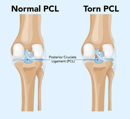 Illustration of knee joint highlighting differences between normal and torn posterior cruciate ligament. Detailed anatomical vector styleのイラスト素材