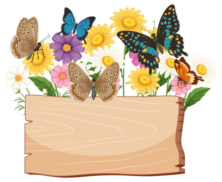 Colorful butterflies flutter above vibrant flowers and a wooden sign. Bright, detailed vector art with a natural themeのイラスト素材
