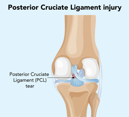 Detailed vector illustration of a knee joint highlighting a posterior cruciate ligament tear with labeled anatomyのイラスト素材