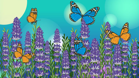 Vibrant butterflies flutter among lavender blooms against a turquoise sky. Detailed vector art with vivid colors and natural compositionのイラスト素材