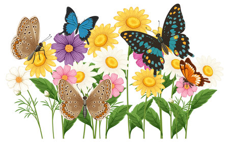 Colorful butterflies flutter among blooming flowers, showcasing intricate details and vivid colors in a harmonious compositionのイラスト素材