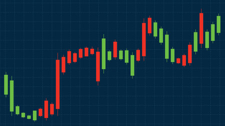 Vector illustration of a candlestick chart with red and green bars on a dark grid background, representing financial data trendsのイラスト素材