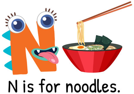 Colorful vector illustration of the letter N with a noodle bowl. Fun, cartoon style with vibrant colors and playful elementsのイラスト素材