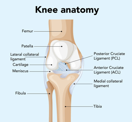 Illustration of knee anatomy with labeled parts, showcasing ligaments and bones in a clear, educational styleのイラスト素材