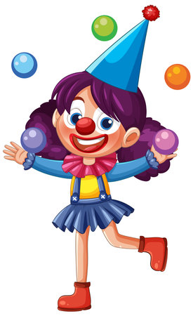 A vibrant clown with purple hair juggles colorful balls. Bright colors and playful style enhance the cheerful compositionのイラスト素材