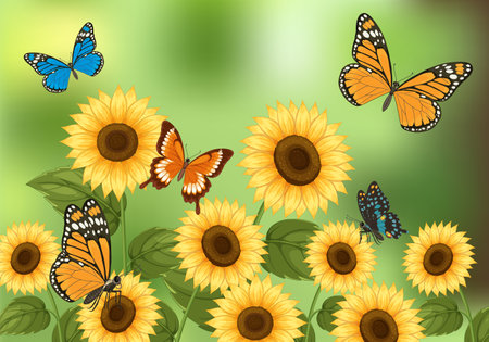 Colorful butterflies flutter around bright sunflowers in a lush, green background. Detailed vector illustration with vivid colors and dynamic compositionのイラスト素材