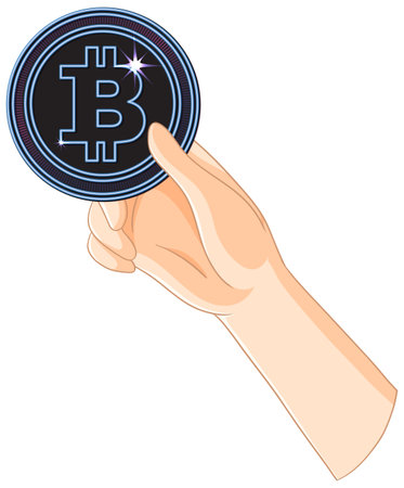 Illustration of a hand holding a Bitcoin coinのイラスト素材