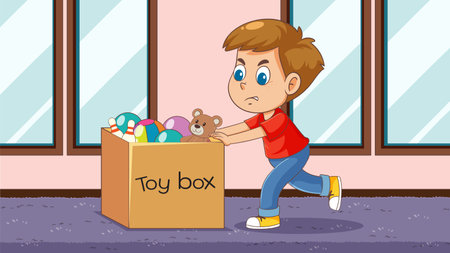A young boy in a red shirt pushes a toy box across a room with large windows, showcasing determinationのイラスト素材