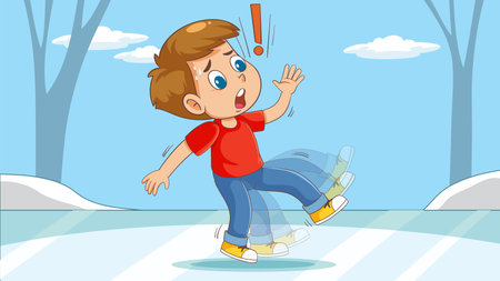 Vector illustration of a child slipping on ice. Bright colors, cartoon style, dynamic motion lines enhance the playful winter themeのイラスト素材