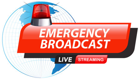 Vector illustration of an emergency broadcast alert with a globe and red siren. Bold colors and modern designのイラスト素材
