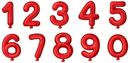 Bright red balloon numbers with a glossy finish, ideal for festive designs. Includes numbers 0-9 in a playful styleのイラスト素材