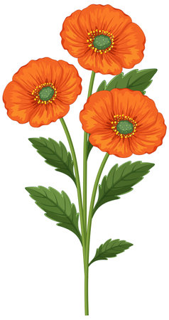 Three bright orange poppies with green leaves in a clean vector style. Bold colors and detailed petals enhance visual appealのイラスト素材