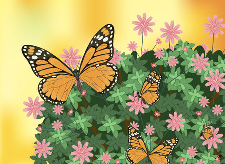 Vector illustration of monarch butterflies resting on a colorful bush with pink flowers, set against a warm, glowing backgroundのイラスト素材