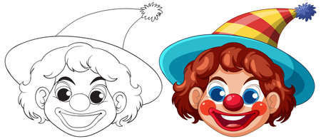 Vibrant clown face with a striped hat, showcasing bold colors and detailed line art. Includes both colored and outline versionsのイラスト素材
