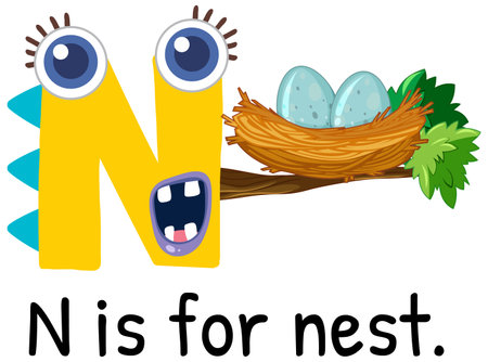 Bright, cartoon-style letter N with a nest and eggs. Fun educational design for childrenÃ¢'s learning materialsのイラスト素材