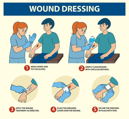 Illustration showing five steps for proper wound dressing with clear instructions and visuals in a flat vector styleのイラスト素材