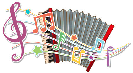 Vibrant accordion with swirling musical notes and starsのイラスト素材