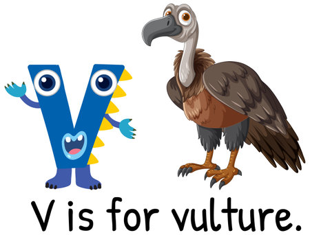 Playful vector illustration of the letter V with a cartoon vulture. Bright colors and friendly design for educational purposesのイラスト素材