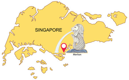 Vector illustration of Singapore map highlighting the Merlion. Simple design with bold colors and clear compositionのイラスト素材