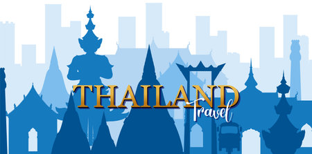 Blue silhouette of Thailand's iconic architecture with modern cityscape. Clean lines and layered composition create a striking visual contrastのイラスト素材