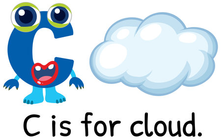 Whimsical vector illustration of the letter C with a cartoon cloud. Bright colors and playful design for educational useのイラスト素材