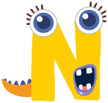 Bright, whimsical letter N with monster features, large eyes, and vibrant colors. Perfect for children's designs and educational materialsのイラスト素材