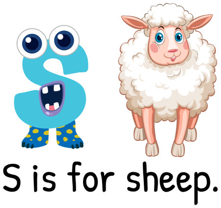 Colorful vector illustration of letter 'S' and a cute sheep. Bright, playful design ideal for educational materialsのイラスト素材