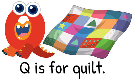 Colorful vector illustration of a quilt with a playful monster. Bright colors and simple shapes enhance educational appealのイラスト素材
