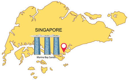 Vector illustration of Singapore map highlighting Marina Bay Sands. Simple design with clear labels and vibrant colorsのイラスト素材