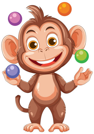 Playful monkey juggling vibrant balls, showcasing cartoon style. Bright colors and dynamic composition enhance the lively sceneのイラスト素材