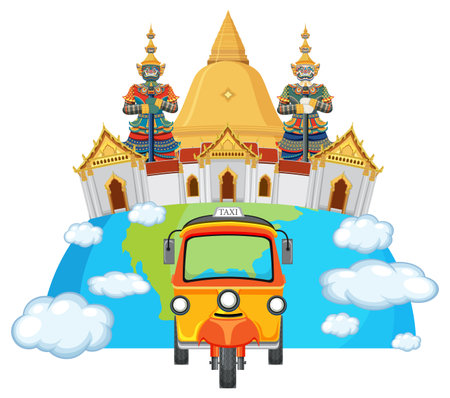Vibrant vector illustration of a tuk-tuk with a Thai temple backdrop. Bright colors and playful composition highlight cultural elementsのイラスト素材