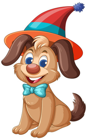 A playful cartoon dog wearing a colorful clown hat and bow tie, with vibrant colors and a joyful expressionのイラスト素材