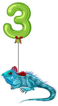 Vector illustration of a green balloon shaped as number three tied to a blue lizard. Bright colors and playful compositionのイラスト素材