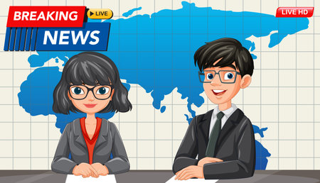 Vector illustration of animated news anchors with a world map background, featuring vibrant colors and a modern styleのイラスト素材