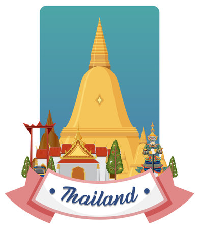 Vibrant vector illustration of Thai architecture with a golden stupa, traditional buildings, and lush greeneryのイラスト素材