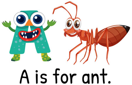 Colorful vector illustration of letter A and a cartoon ant. Bright, engaging design ideal for educational materialsのイラスト素材
