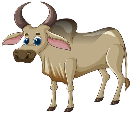 Playful vector illustration of a cartoon buffalo with large eyes and prominent horns, featuring soft colors and smooth shadingのイラスト素材