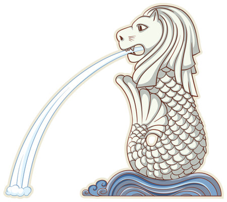 Stylized vector of the Merlion statue with flowing water, featuring intricate details and a balanced compositionのイラスト素材