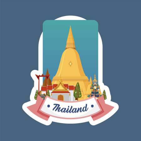 Vibrant vector illustration of a Thai temple with intricate details and bold colors, perfect for cultural and travel-themed projectsのイラスト素材