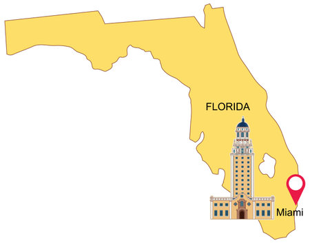 Vector illustration of Florida map highlighting Miami with a prominent landmark. Simple color palette and clear compositionのイラスト素材