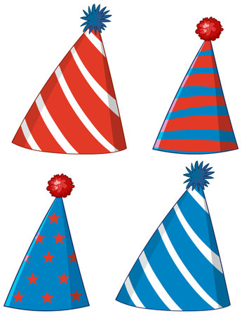 Vector illustration of four colorful party hats in red and blue with stripes and stars, ideal for celebrationsのイラスト素材
