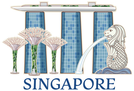 Illustration of Marina Bay Sands and Merlionのイラスト素材