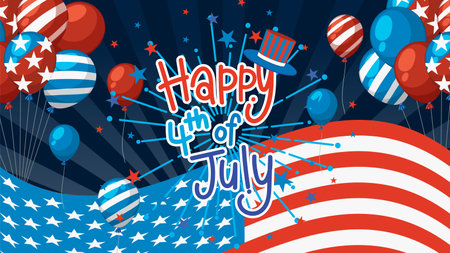Colorful illustration with balloons, fireworks, and patriotic elements in red, white, and blue. Perfect for Independence Day themesのイラスト素材