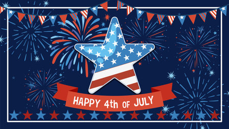 Vector illustration of a star with American flag design, surrounded by vibrant fireworks and festive bannersのイラスト素材