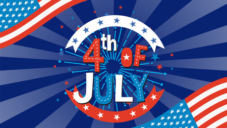 Vibrant vector illustration with stars, stripes, and fireworks in red, white, and blue. Perfect for Independence Day themesのイラスト素材