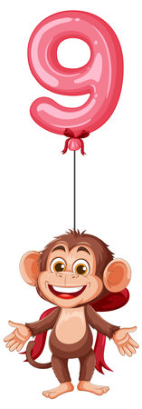 A playful monkey holding a pink number nine balloon. Bright colors and cartoon style create a joyful, whimsical sceneのイラスト素材